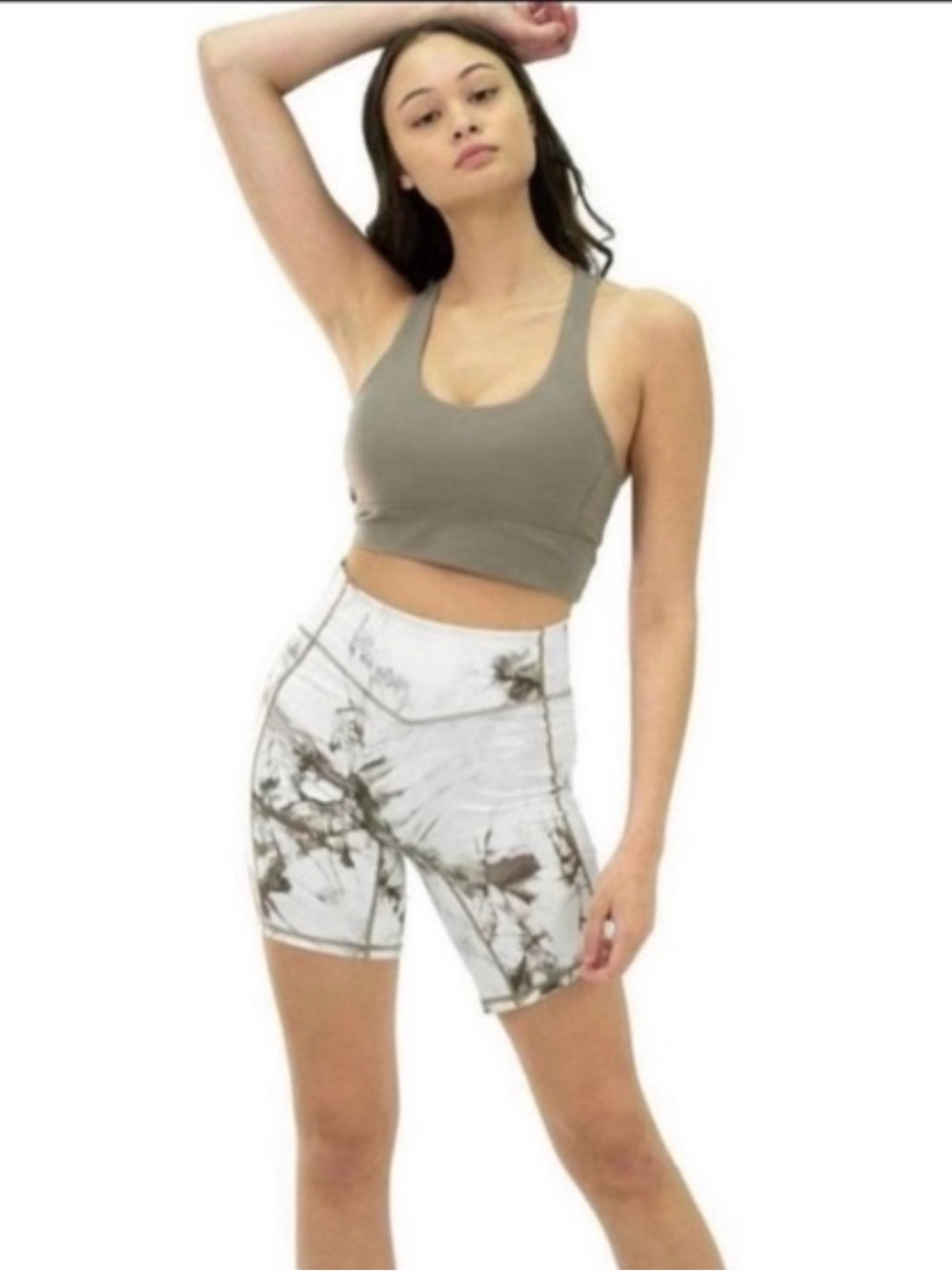 Balance Athletica White Marble High-Rise Bike Shorts with matching sports bra